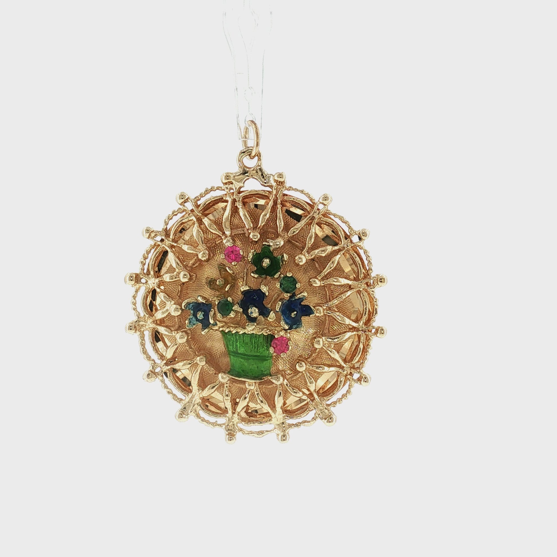 1960's 14 Karat Yellow Gold Flower Basket Charm with Synthetic Birthstones