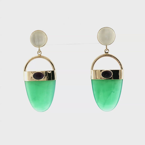 Late 20th-Century 14k Yellow Gold Chrysoprase, Moonstone and Amethyst Earrings