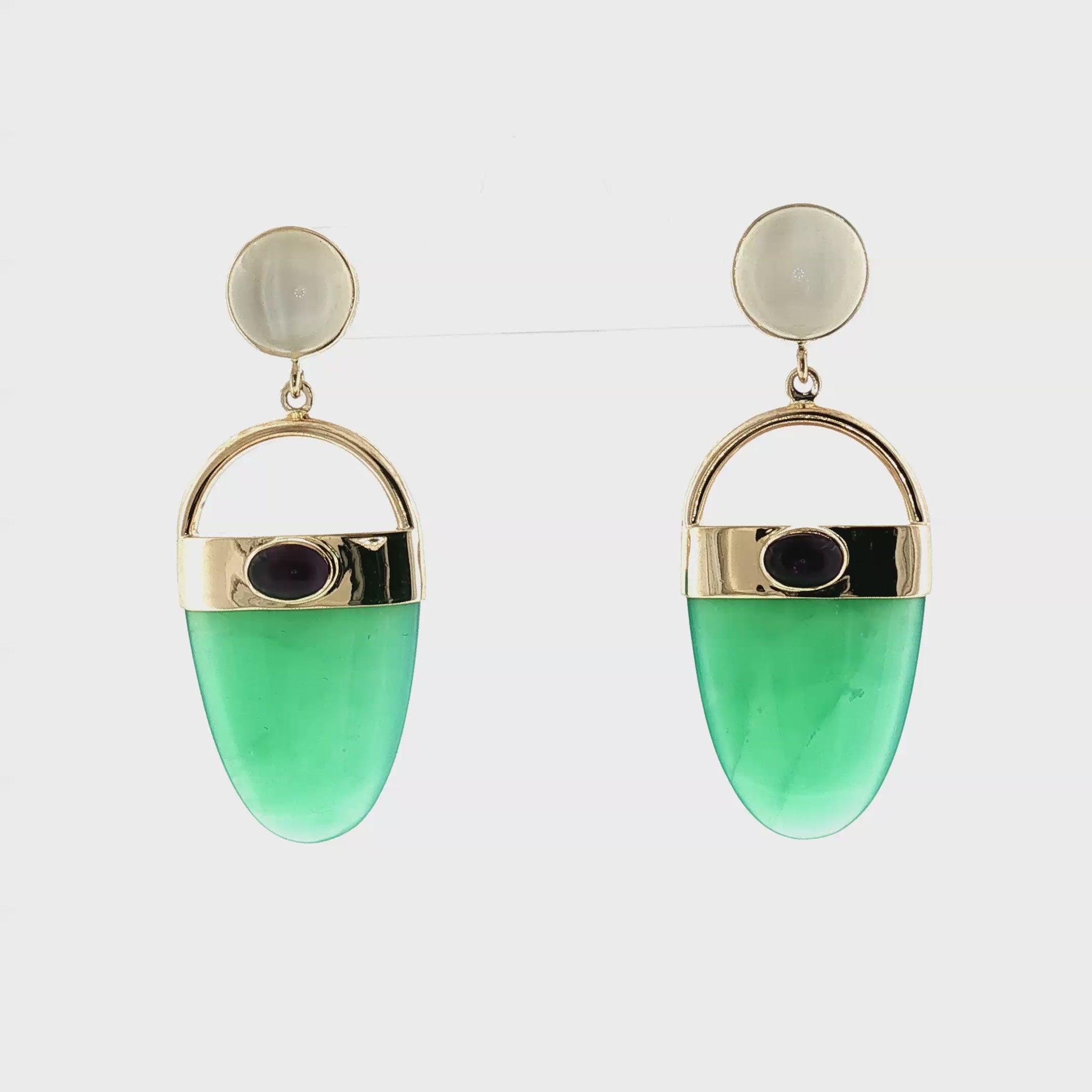 Late 20th-Century 14k Yellow Gold Chrysoprase, Moonstone and Amethyst Earrings