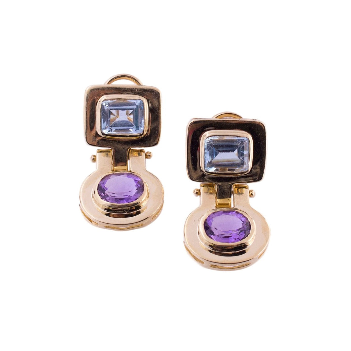 14K Gold Blue Topaz and Amethyst Geometric Earrings