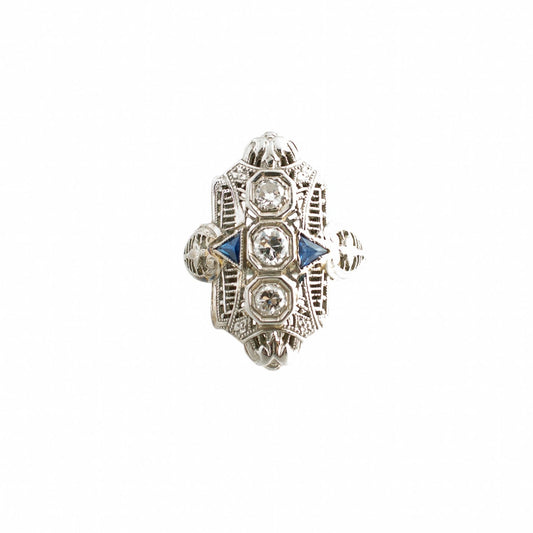 Filigree Diamond and Synthetic Sapphire Ring