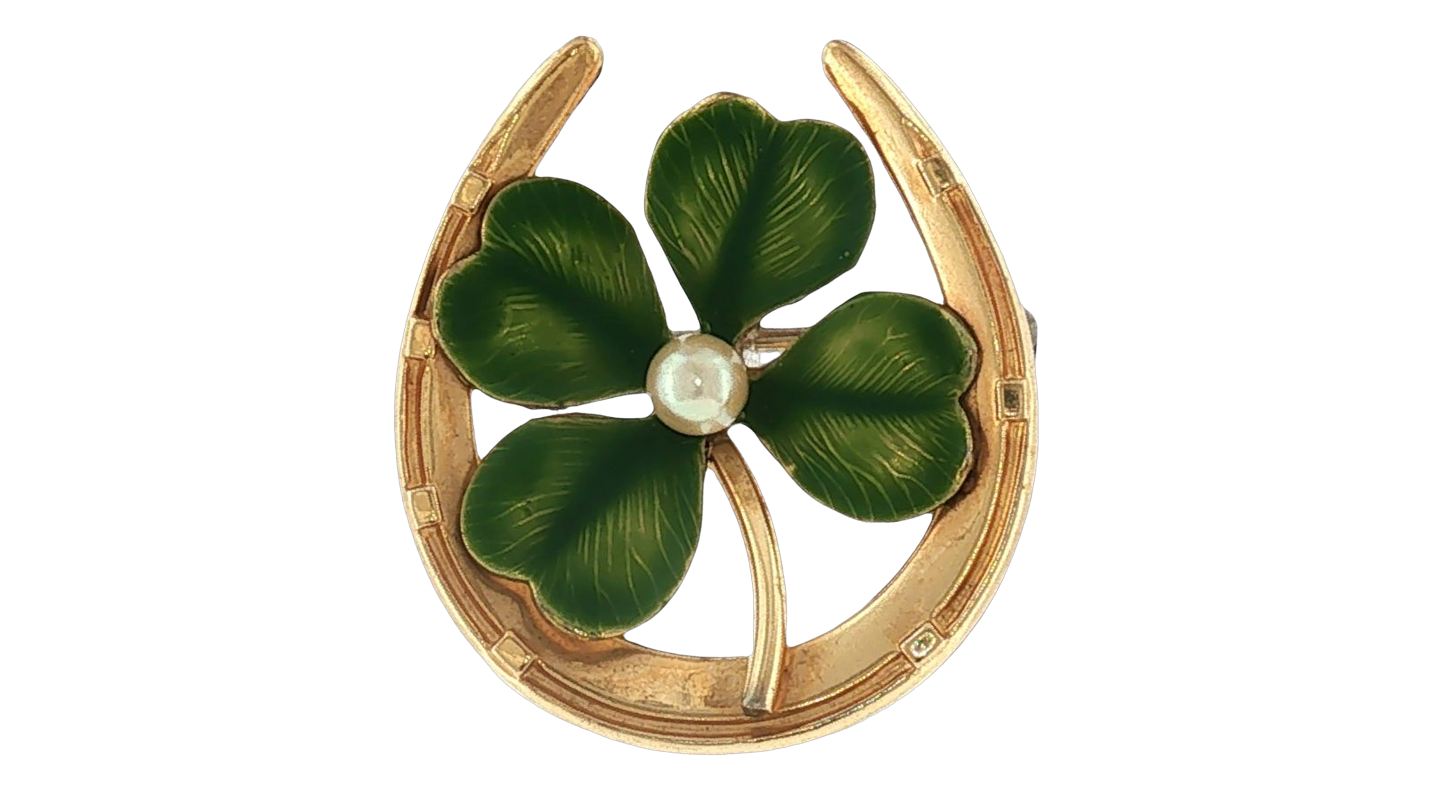 Green enamel clover and horseshoe brooch